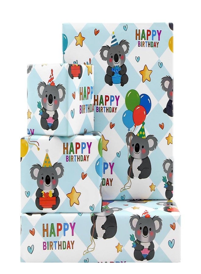Boerni Koala Wrapping Paper Happy Birthday Wrapping Papers, Cute Koala Balloons and Gifts Printed on Blue White Checkered Background Gift Wrap Paper - 4 Sheets Folded Flat - for Birthday, Holiday, Wedding, Baby Shower Wrap - Image 1